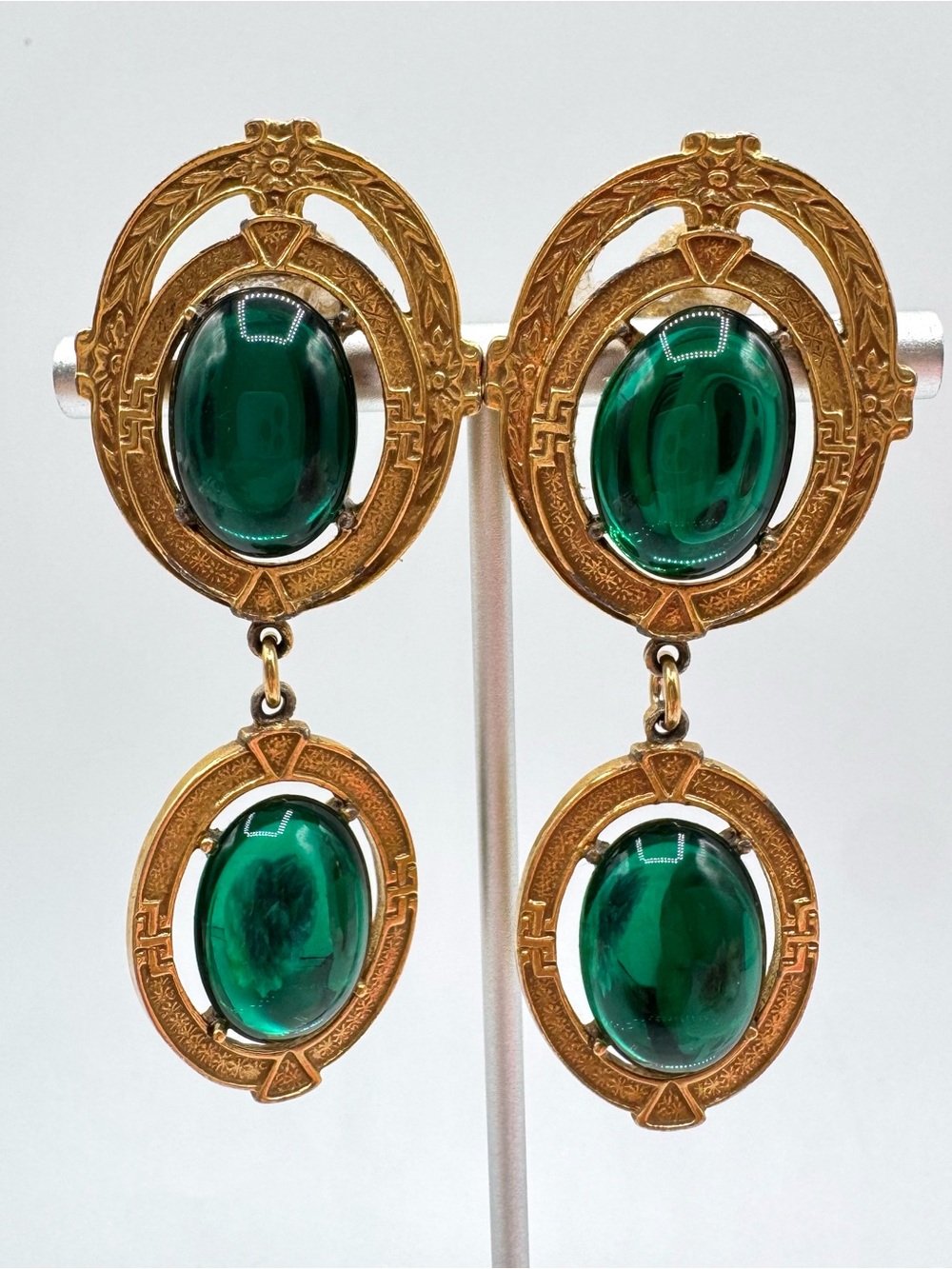 Vintage Byzantine Style Green Lucite Cabochon Clip On Earrings Regency Dramatic